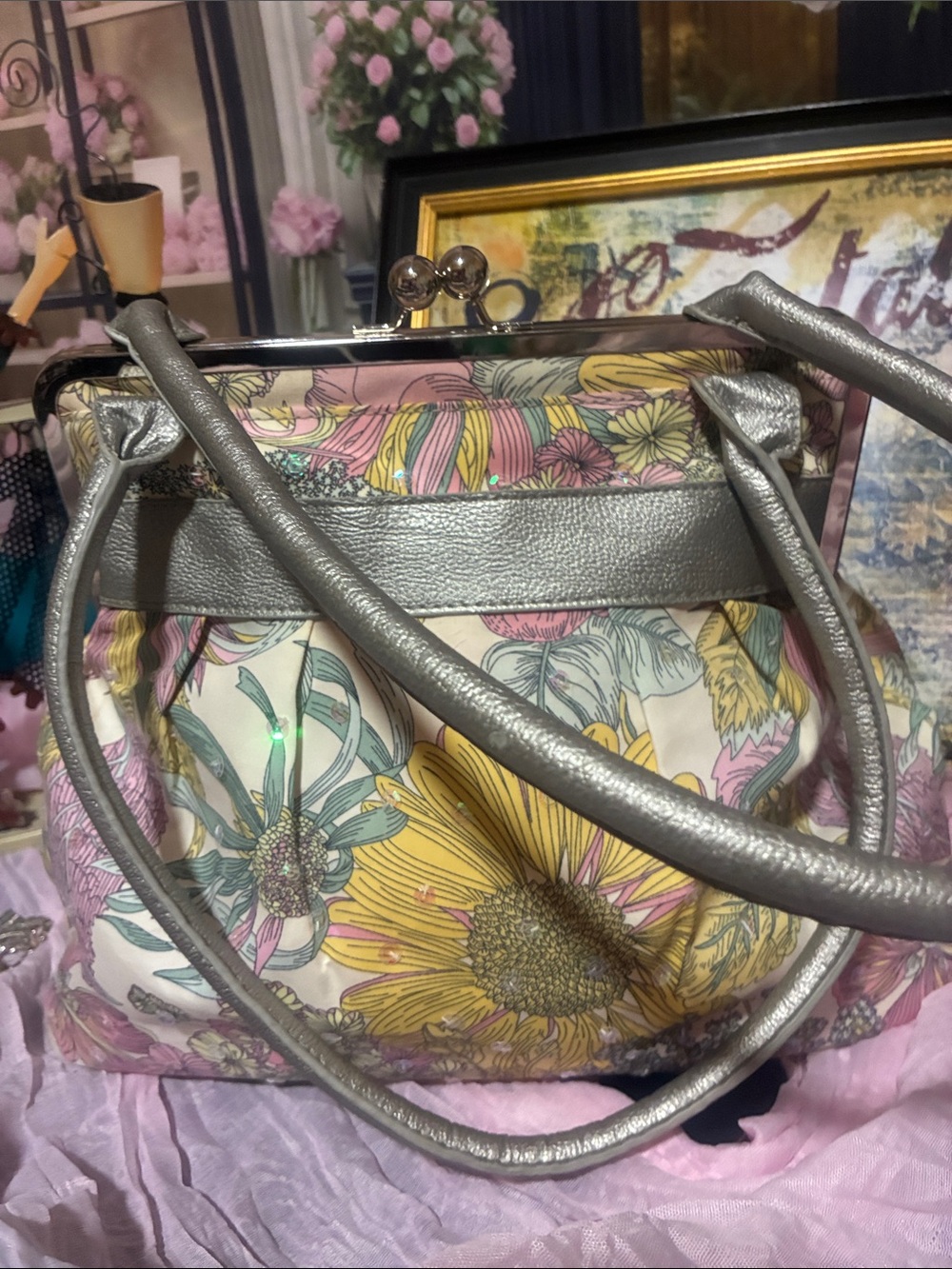 Gorgeous Floral Print Frame-Top Handbag with Silver Trim